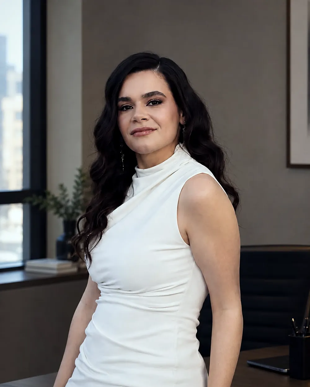 Thayanne Hayala Antunes, de vestido branco, no escritório